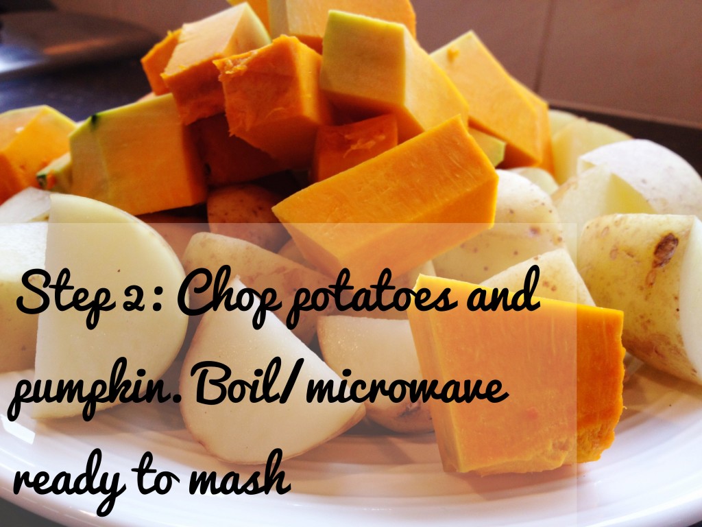 Smoked Fish Pie Recipe: Chop Potatoes and pumpkin for mashing